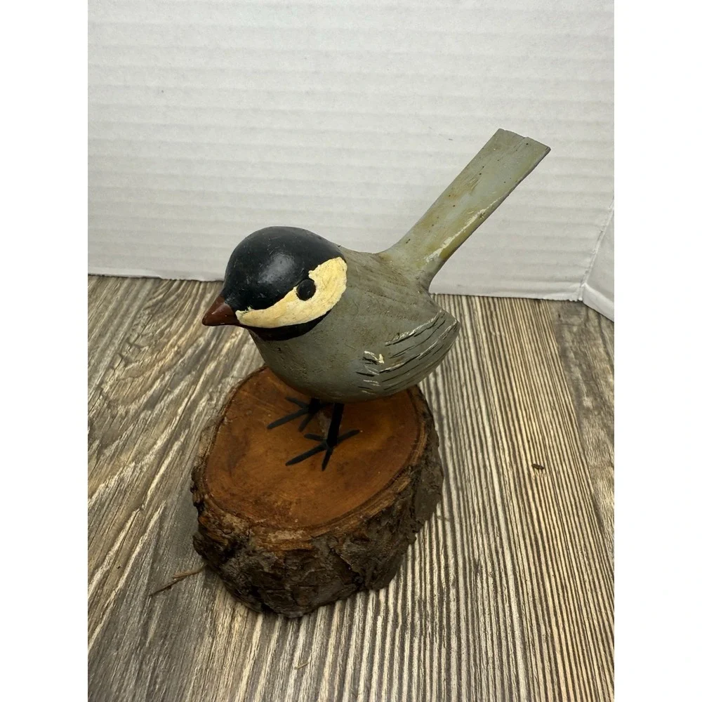 Hand Carved Wooden Chickadee Bird On A Log